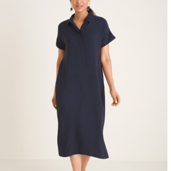 Chico's Midi Shirt Dress Navy Blue Modal Casual Minimalist Size 4 - Picture 1 of 11
